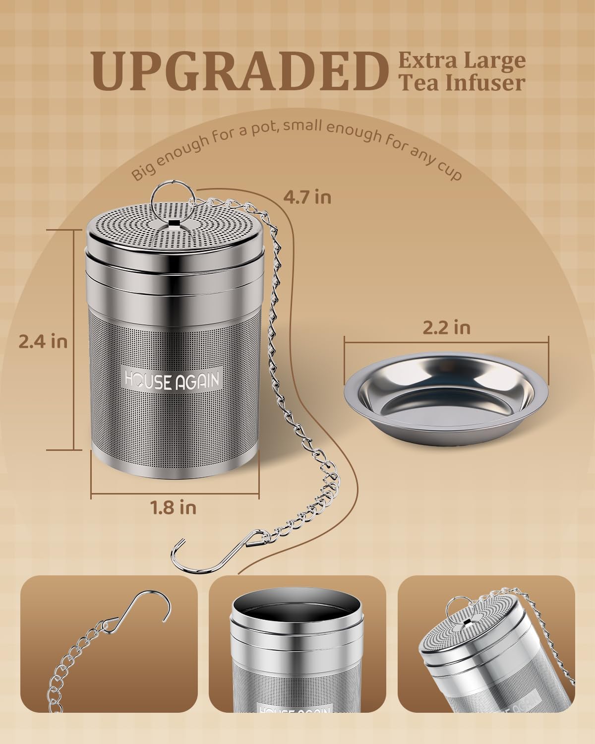 House Again 2 Pack Tea Infusers, Extra Fine Mesh Tea Strainers for Loose Tea, Updated Slim Threaded Lid & 304 Stainless Steel, Loose Leaf Tea Steeper for Brew Tea Spices & Seasonings
