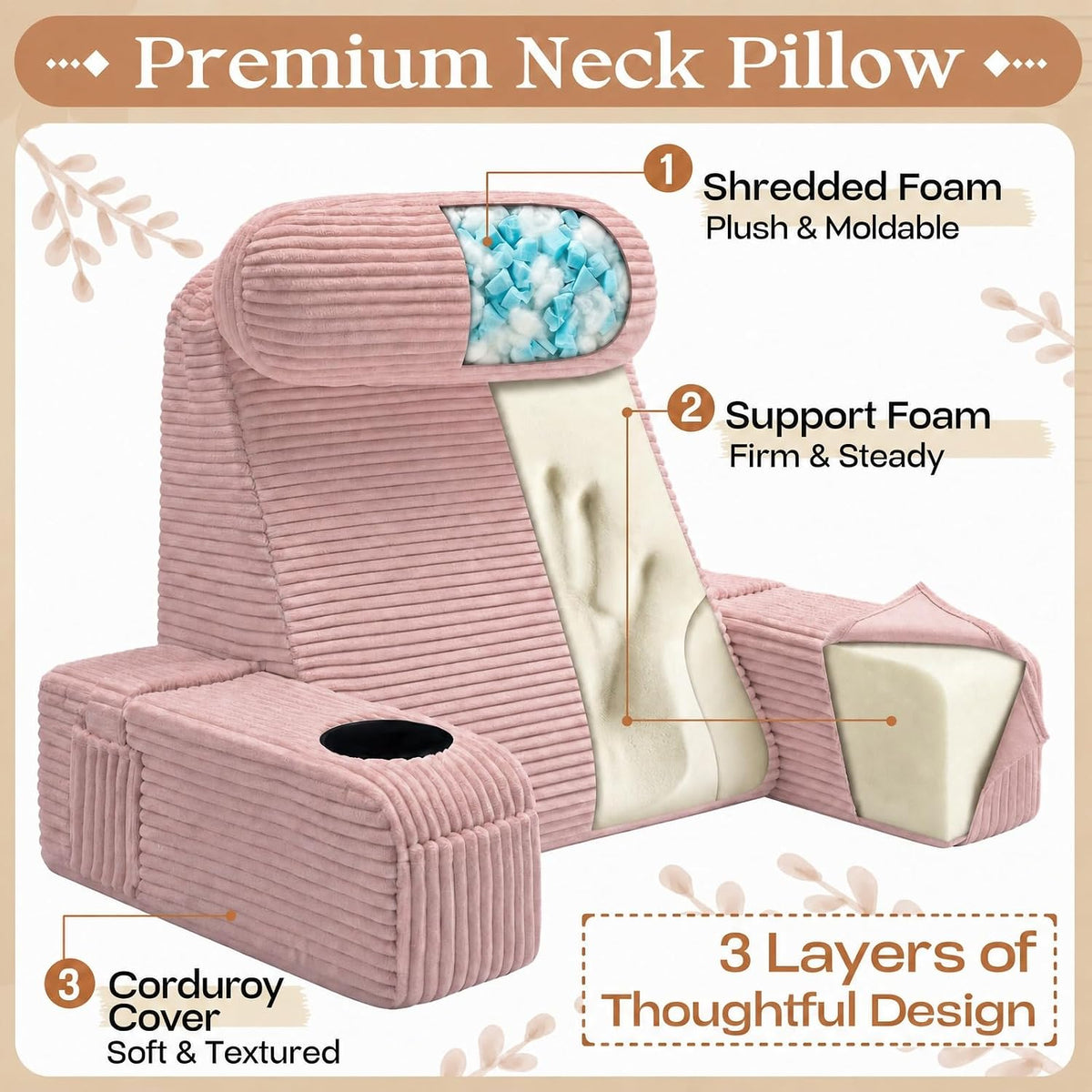 Reading Pillow/Backrest Pillow with Arms, Cup Holder & Phone Pocket