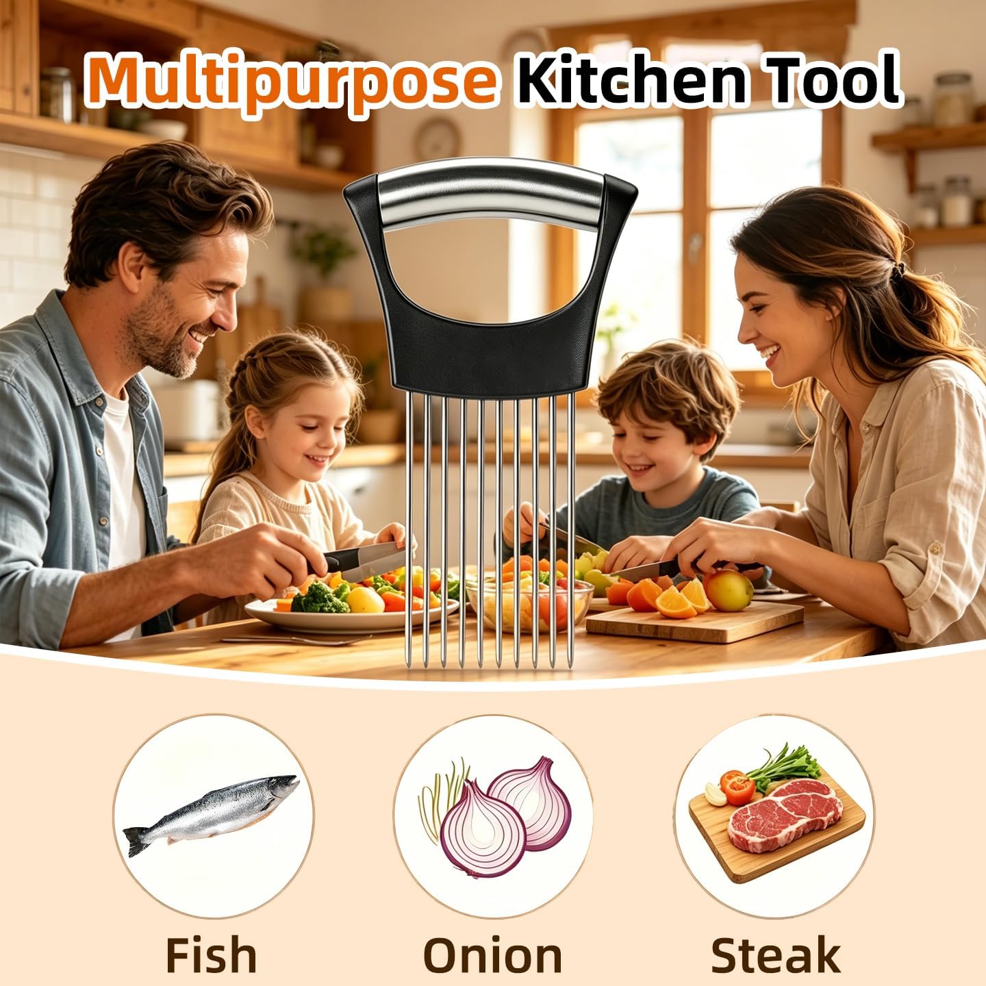Premium Stainless Steel Onion Slicer, Onion Holder for Slicing, Vegetable Cutter Chopper, Fruit Tomato Slicer, Kitchen Gadgets