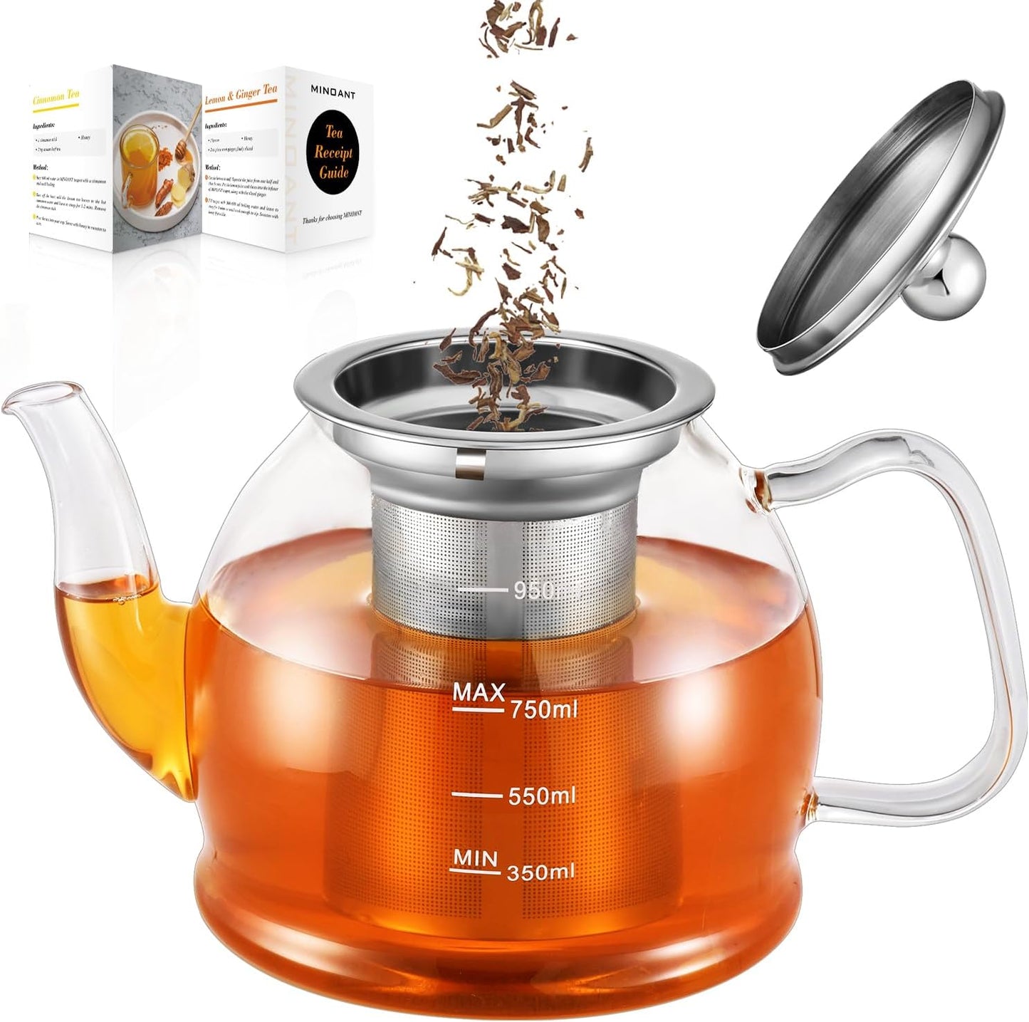 Glass Teapot, 40oz/1200ml Tea Pot with Removable Infuser for Loose Tea | Stovetop Safe Borosilicate Glass Tea Kettle with Strainer and Lid, Hand Crafted Clear Teapot with Scale Line,Tea Brewer Guide