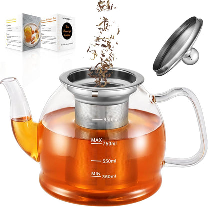 Glass Teapot, 40oz/1200ml Tea Pot with Removable Infuser for Loose Tea | Stovetop Safe Borosilicate Glass Tea Kettle with Strainer and Lid, Hand Crafted Clear Teapot with Scale Line,Tea Brewer Guide
