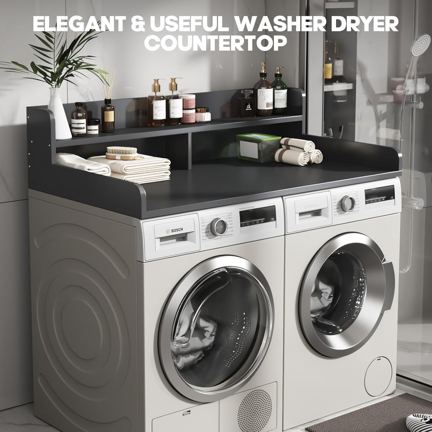 2-Tier Washer and Dryer Countertop with 2.75" H Guard,54" W x 27.5" D Laundry Countertop Cover with Non-Slip Pad,Large Space Laundry Topper for Folding Clothes Over Washer and Dryer-White