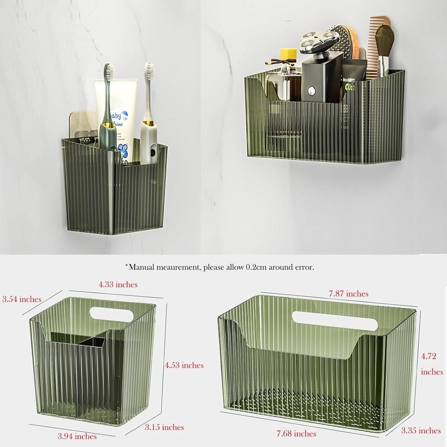 Lae Nuvole 2Pcs Storage Organizer Bins, Wall Shower Toothbrush Caddy, Clear | with Dividers & 4 Adhesive Pads, No Drill, Renter Friendly, BPA-Free PET, Fits Bathroom, Apartment, RVs, Cabinet/Pantry Door