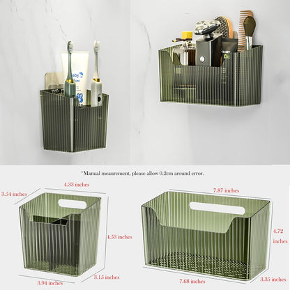 Lae Nuvole 2Pcs Storage Organizer Bins, Wall Shower Toothbrush Caddy, Clear | with Dividers & 4 Adhesive Pads, No Drill, Renter Friendly, BPA-Free PET, Fits Bathroom, Apartment, RVs, Cabinet/Pantry Door