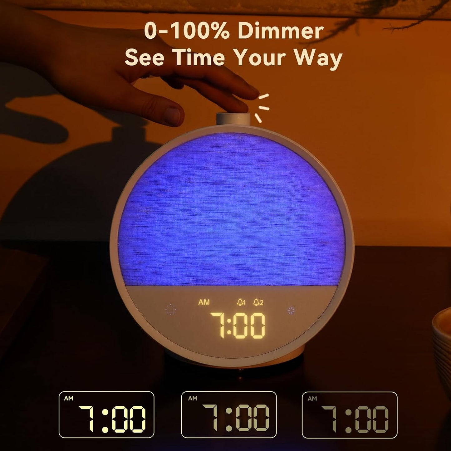 Vivilumens Sunrise Alarm Clock for Bedroom, White Noise Sound Machine | 15mins Sunrise Simulation, 10 Natural Sounds, Dual Alarms, 9 RGB Night Lights, Dimmable Digital Clocks, Wood Grain