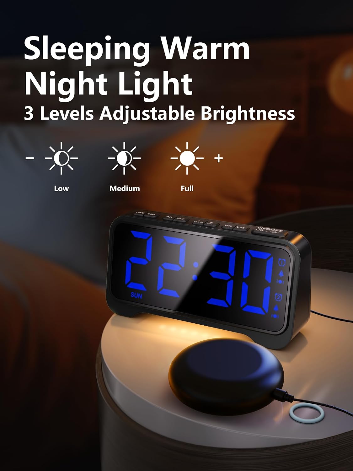 Mesqool Bed Shaker Alarm Clock for Heavy Sleepers, Extra Loud Vibration | Vibration & buzzer modes, dual alarms, snooze, USB charging, battery backup, brightness adjustment for teens & heavy sleepers