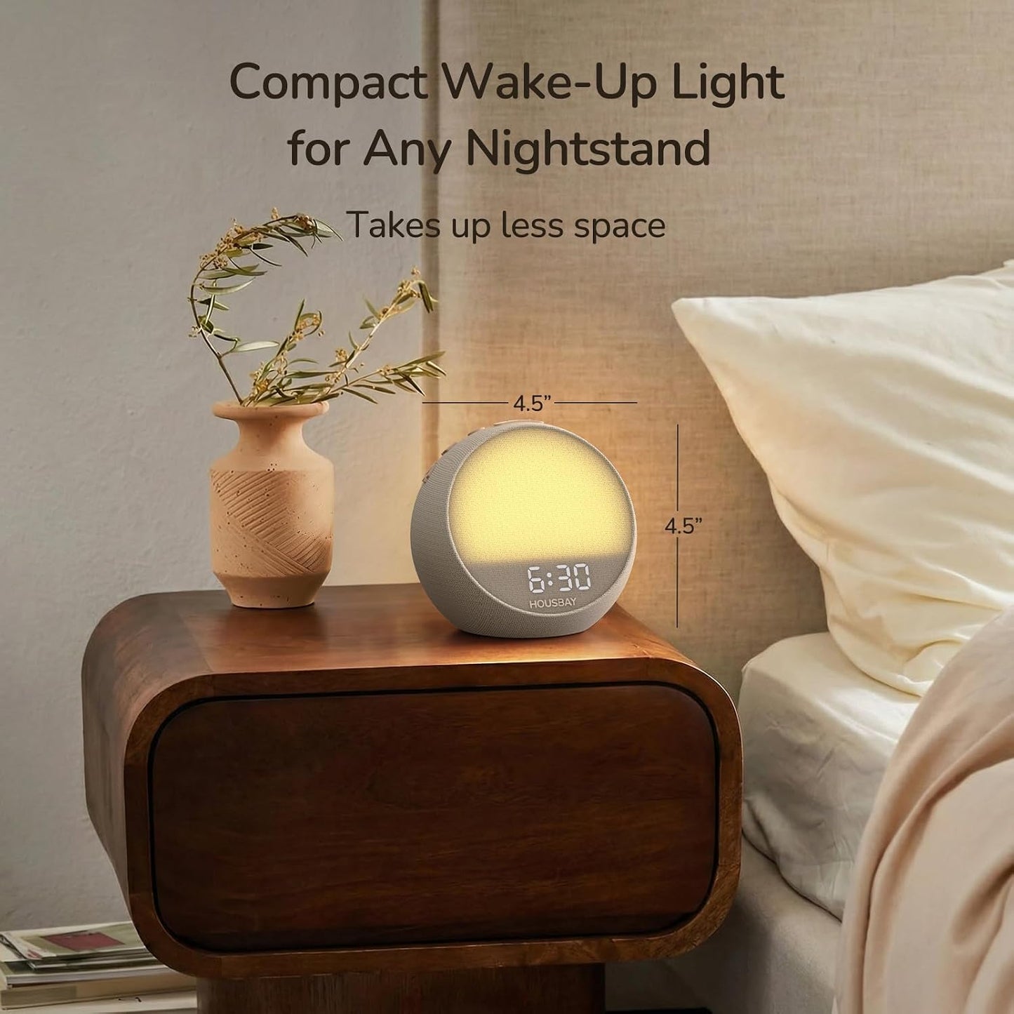 HOUSBAY MINI Sunrise Alarm Clock with Sound Machine | Rhythm Wake-Up Light, White Noise for Sleeping, Compact Phone-Free Bedrooms Clock, Putty