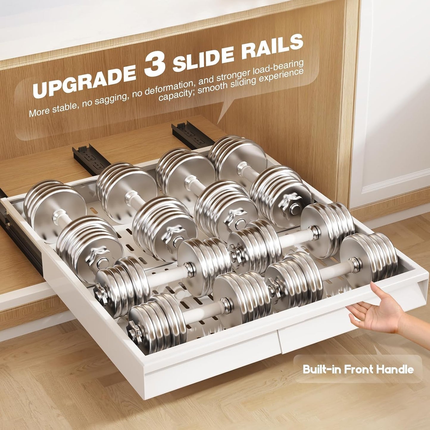 Seinloes Pull Out Cabinet Organizer, 4-Side Expandable to Fit Most Cabinets, 3 Rail Slide Out Drawers with Raising Pad for Framed & Frameless Cabinets, 13"-21" W x 17"-24" D, White, 2 Pack