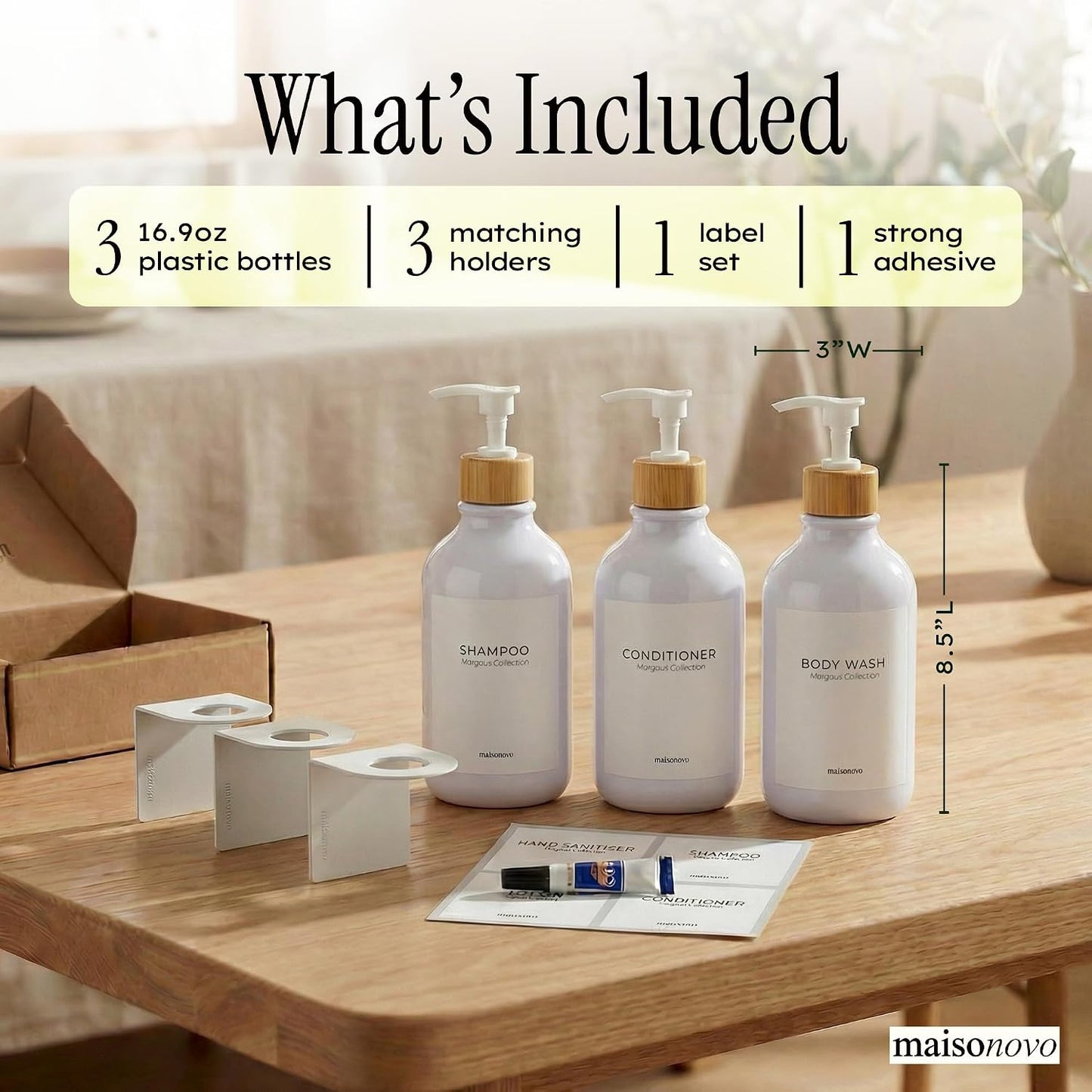 MaisoNovo Shampoo and Conditioner Dispenser|Refillable Black Set of 3 | 500 ml Shower Gel Dispenser Set of 3. Refillable Shampoo and Conditioner Bottles. Drill Free Secure Design. Black