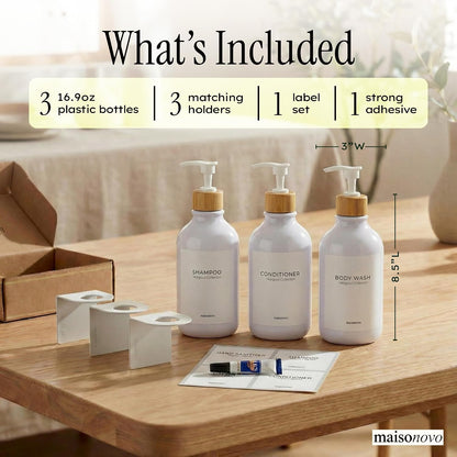 MaisoNovo Shampoo and Conditioner Dispenser|Refillable Black Set of 3 | 500 ml Shower Gel Dispenser Set of 3. Refillable Shampoo and Conditioner Bottles. Drill Free Secure Design. Black