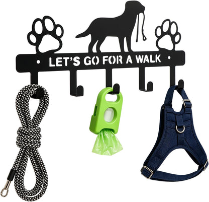 Dog Leash Holder for Wall, Key Holder with 5 Metal Hooks, Let's Go for A Walk Pet Leash & Collar Organizer, Screw Mounted Wall Rack for Entryway, Garage, Mudroom & Hallway