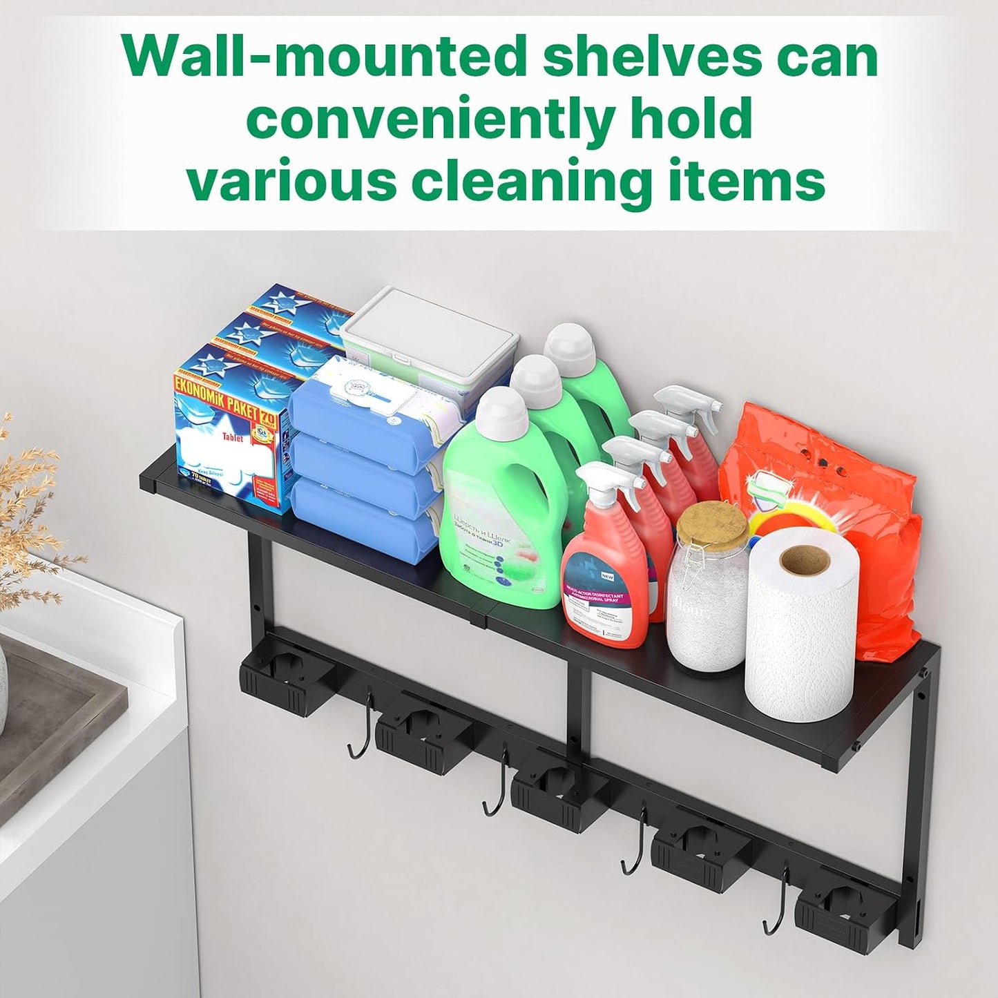 CCCEI Broom and Mop Wall Mount with Shelf, Laundry Room Cleaning Tools Organization Hanging Rack with Hooks, Bathroom, Garage, Garden Organizers and Storage. All Metal, Black, 1 Pack.