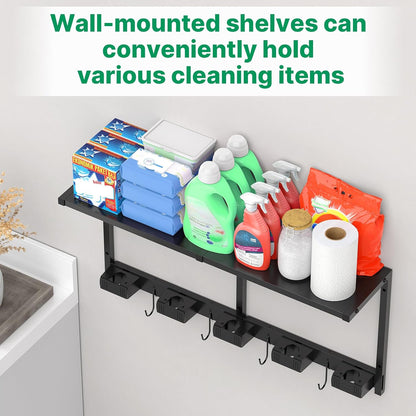 CCCEI Broom and Mop Wall Mount with Shelf, Laundry Room Cleaning Tools Organization Hanging Rack with Hooks, Bathroom, Garage, Garden Organizers and Storage. All Metal, Black, 1 Pack.