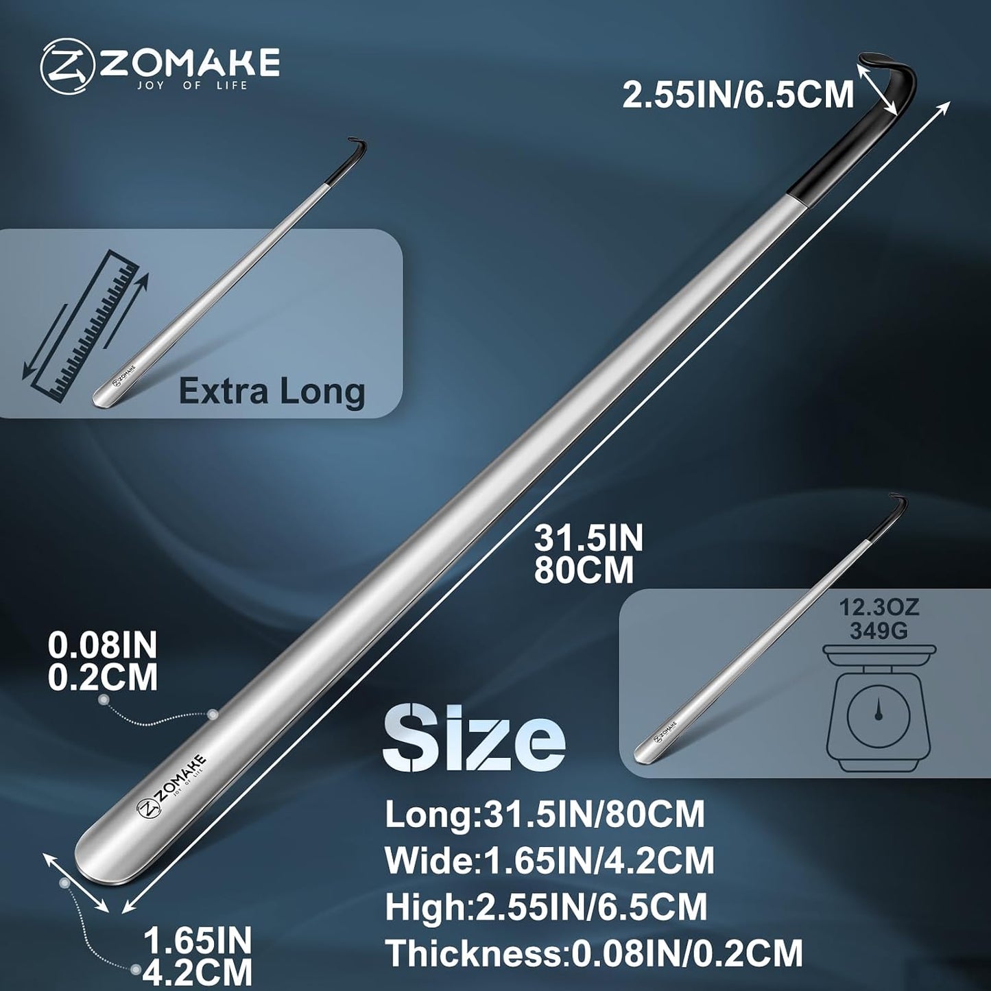 ZOMAKE Shoe Horn Long Handle for Seniors Men Women, Metal Shoehorn 16.5" | Stainless Steel Boot Horn Shoe Spoon Helper, Comfort Grip Handle, Smooth Edges, No Bending Required, Shoe Care for Daily Use