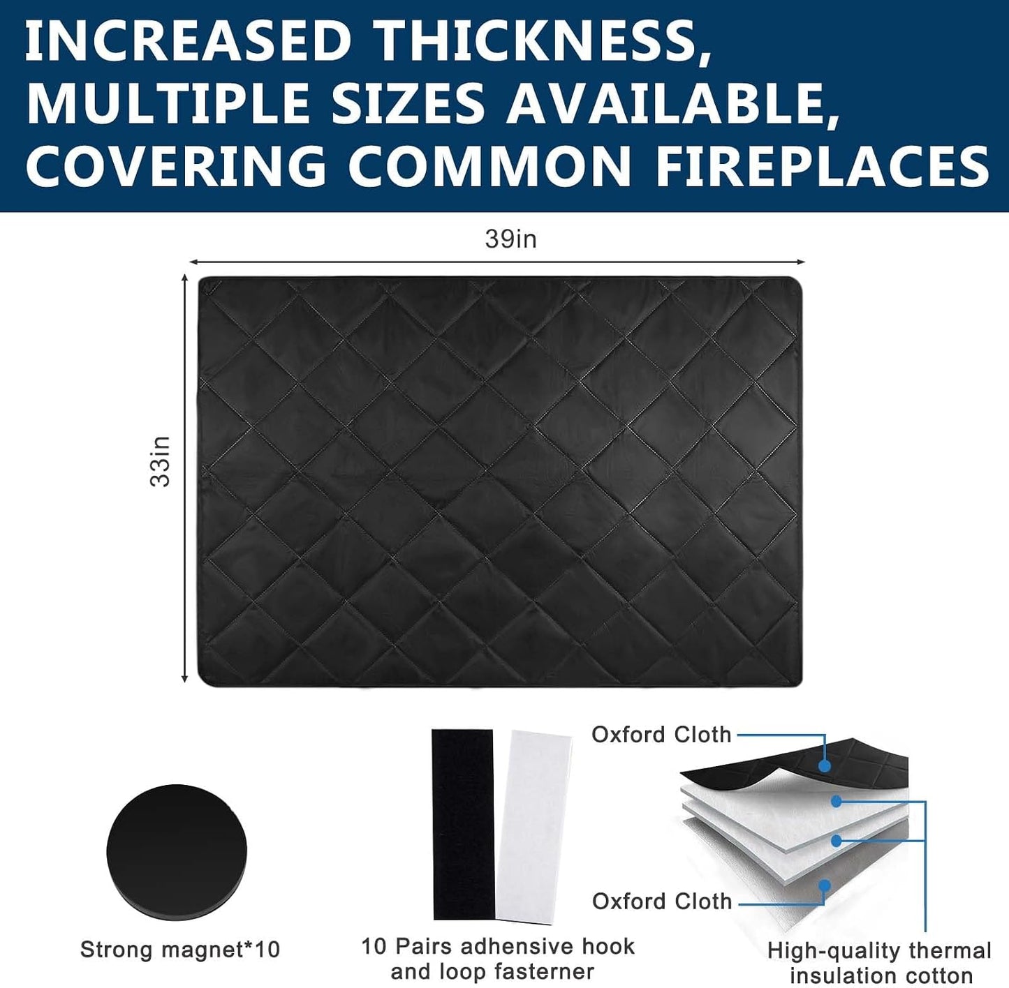 Magnetic Fireplace Cover Blanket Draft Stopper 45*34in Brick Fireplace Screen Insulation Cover Chimney Cold Air Blocker with Strong Magnet Hook-and-Loop Fasteners for Winter Iron Frame Stops Heat Loss