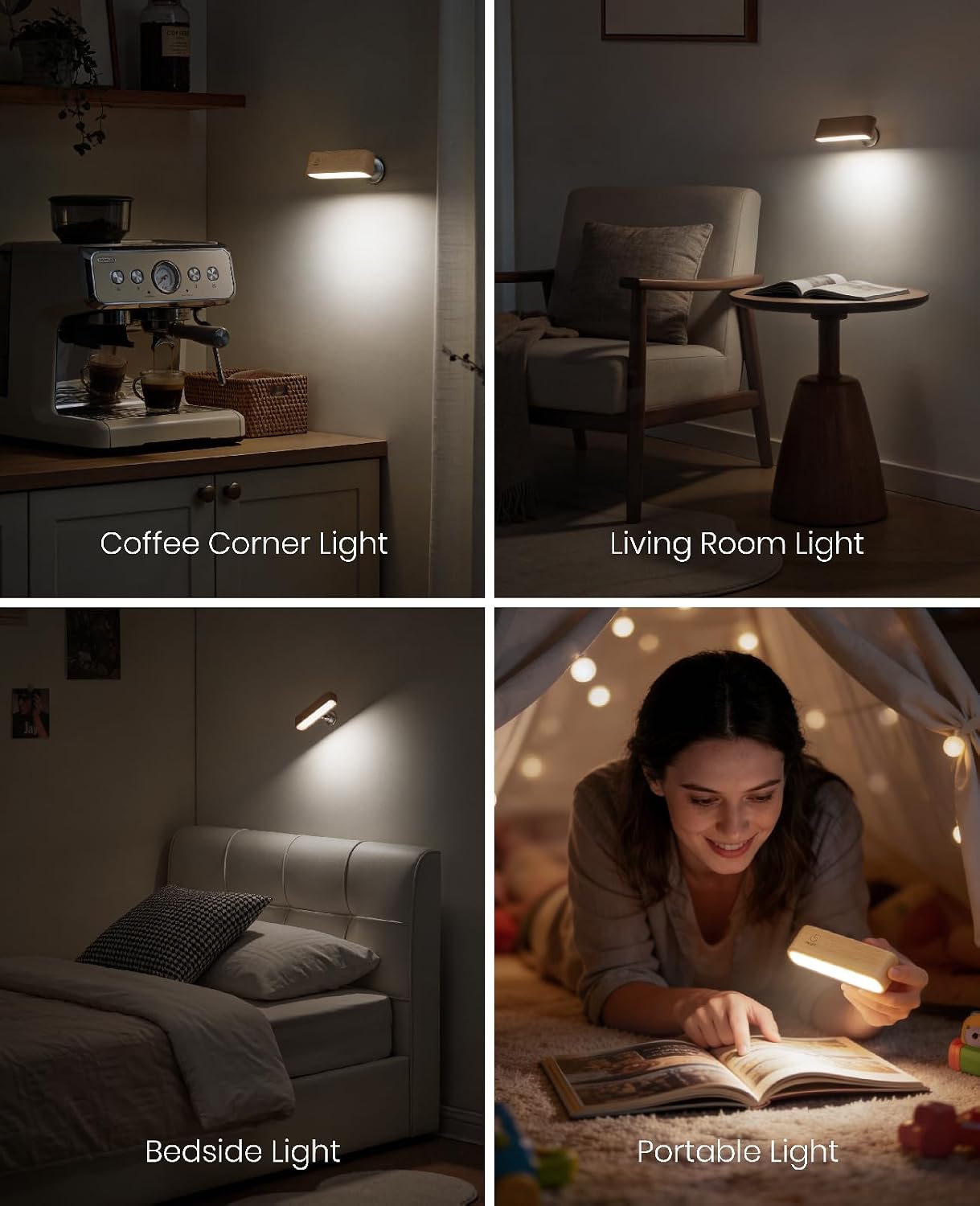 Rechargeable Wall Sconce, Reading Light for Bed, Magnetic Wood Lamp | Set of 2, Black Walnut, Touch Control, Adjustable Brightness, 4000K Nautral Light for Reading, Headboard Light, 360° Rotation