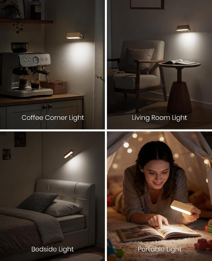 Rechargeable Wall Sconce, Reading Light for Bed, Magnetic Wood Lamp | Set of 2, Black Walnut, Touch Control, Adjustable Brightness, 4000K Nautral Light for Reading, Headboard Light, 360° Rotation