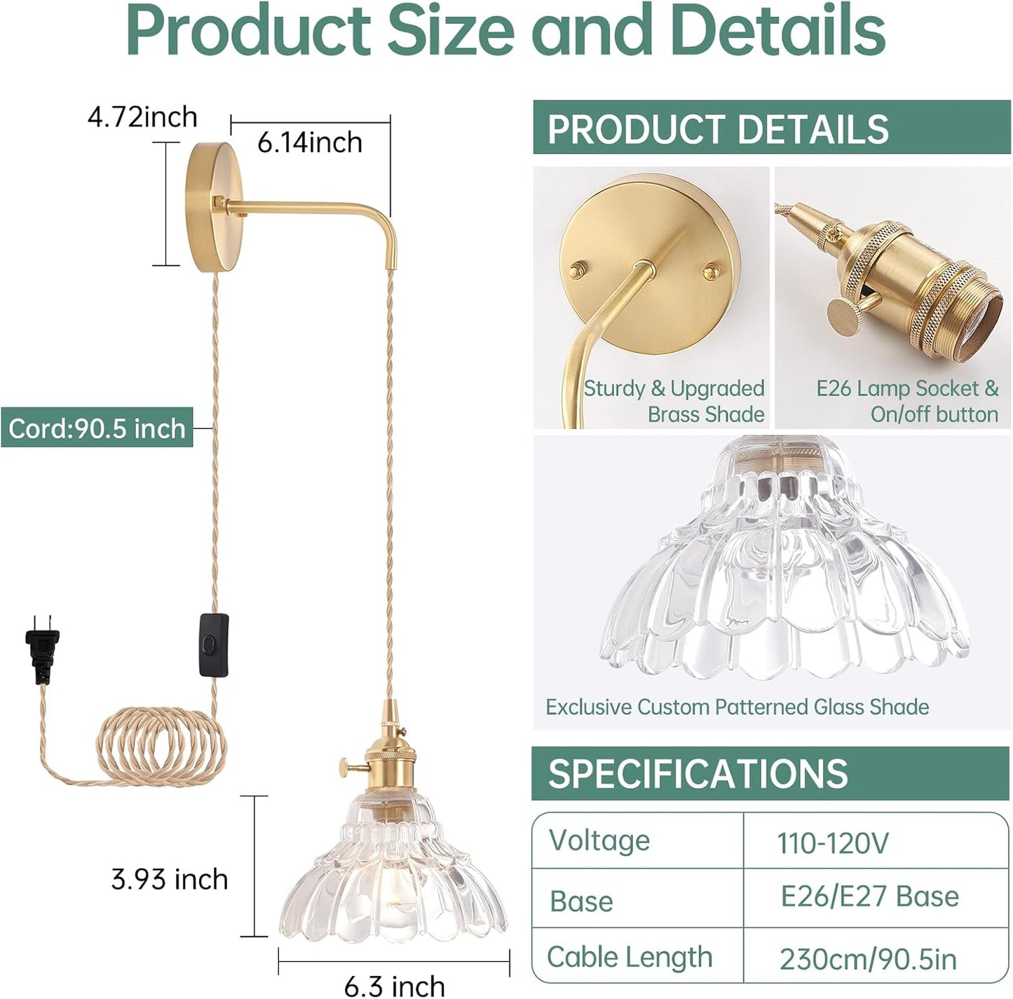 Shenmoyl Battery Operated Wall Sconce Wall Lamp with Green Lily of the Valley Shade Pattern Glass Adjustable Chain Retro Gold Wall Mounted Light, Modern Wall Lamp Fixtures Decor for Bedside Bedroom