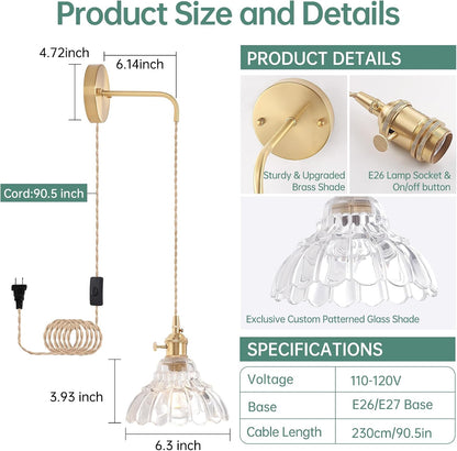 Shenmoyl Battery Operated Wall Sconce Wall Lamp with Green Lily of the Valley Shade Pattern Glass Adjustable Chain Retro Gold Wall Mounted Light, Modern Wall Lamp Fixtures Decor for Bedside Bedroom