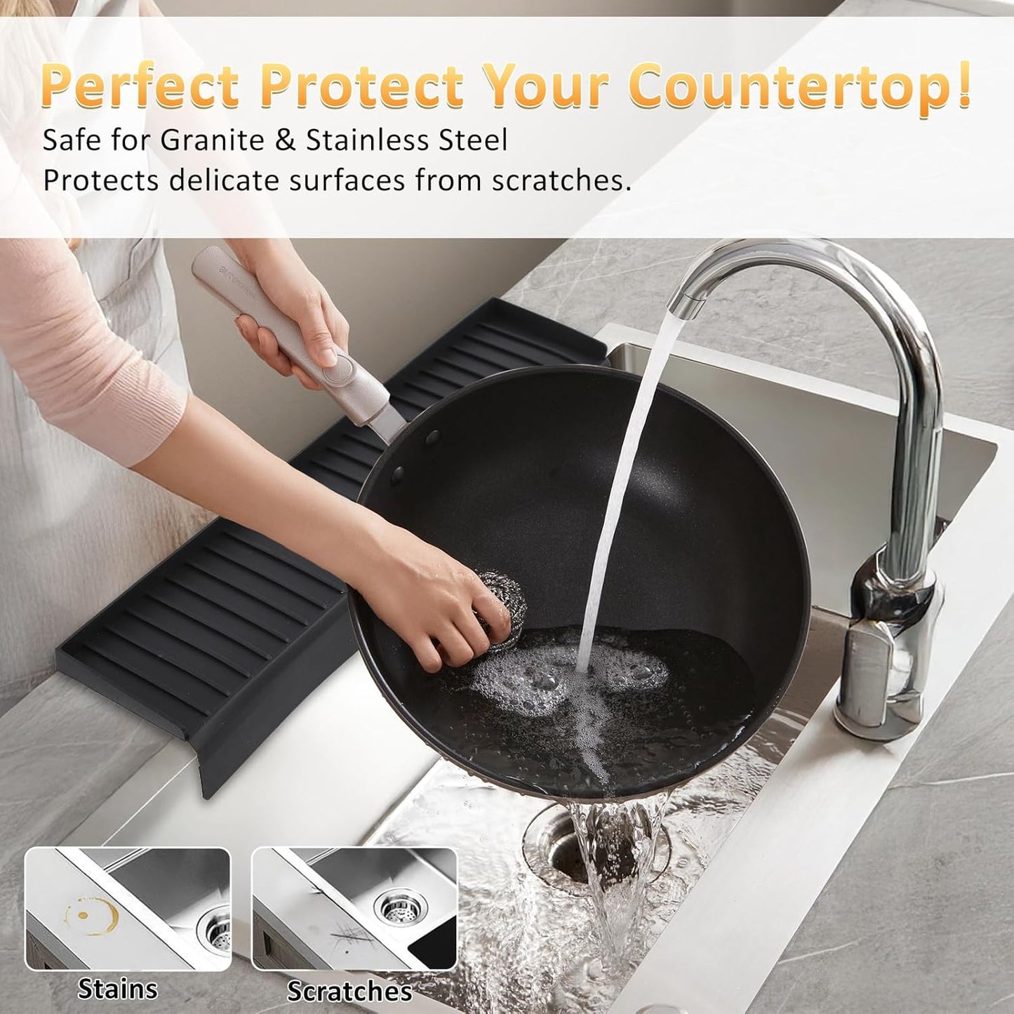Sink Edge Protector with Suction Cup 14" 20" 24" 30", Silicone Sink Splash Guard for Kitchen & Bathroom, Protect Countertop from Scratches, Stains, for Stainless Steel Granite Quartz-Grey