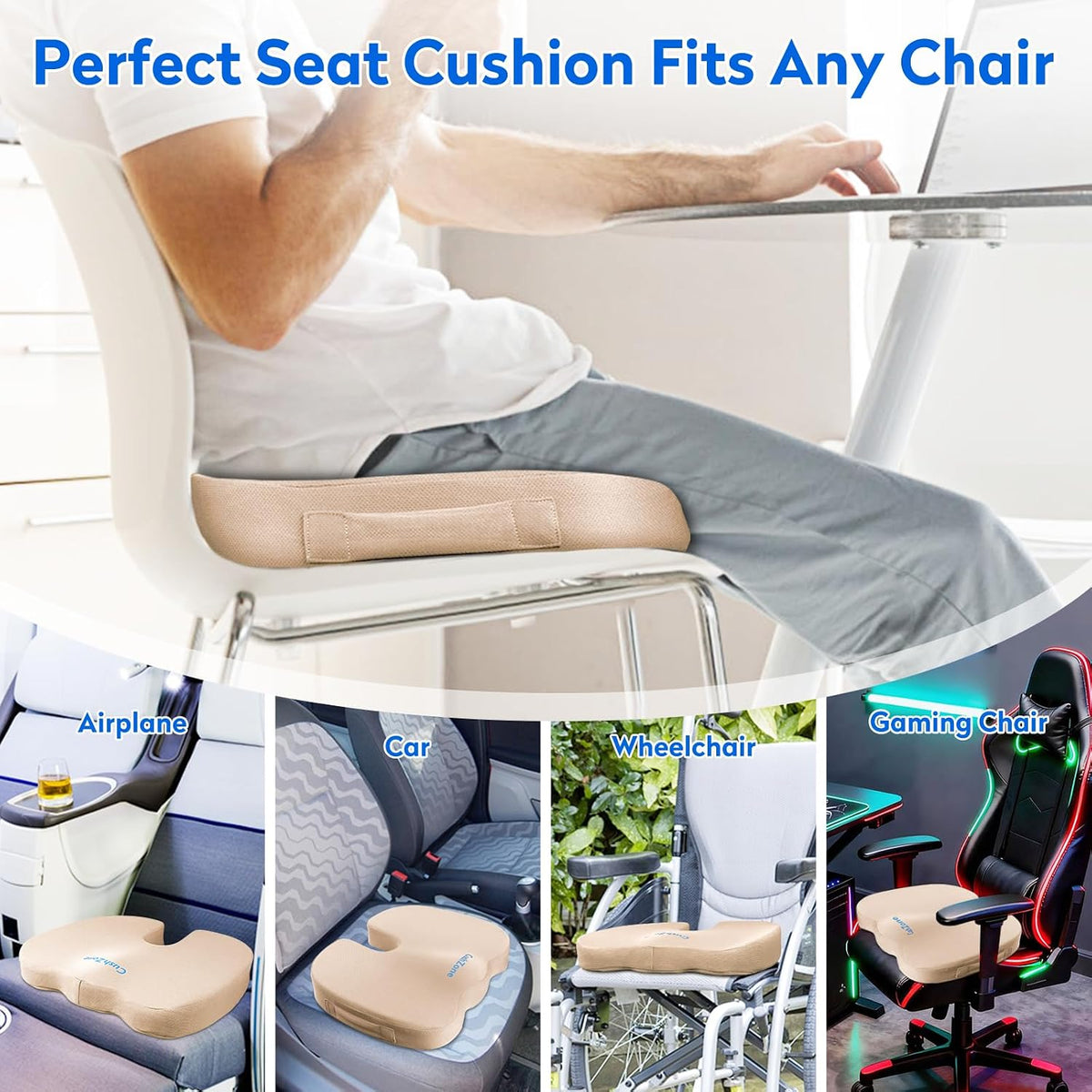 CushZone Seat Cushion Memory Foam Chair Pad for Office & Car, Black