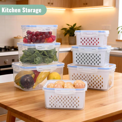 3 PCS Fruit Storage Containers for Fridge with Removable Colander | Berry Produce Storage Containers for Fridge with Strainer Lid Leakproof Containers Keep Fruits Vegetables Berry Fresh longer