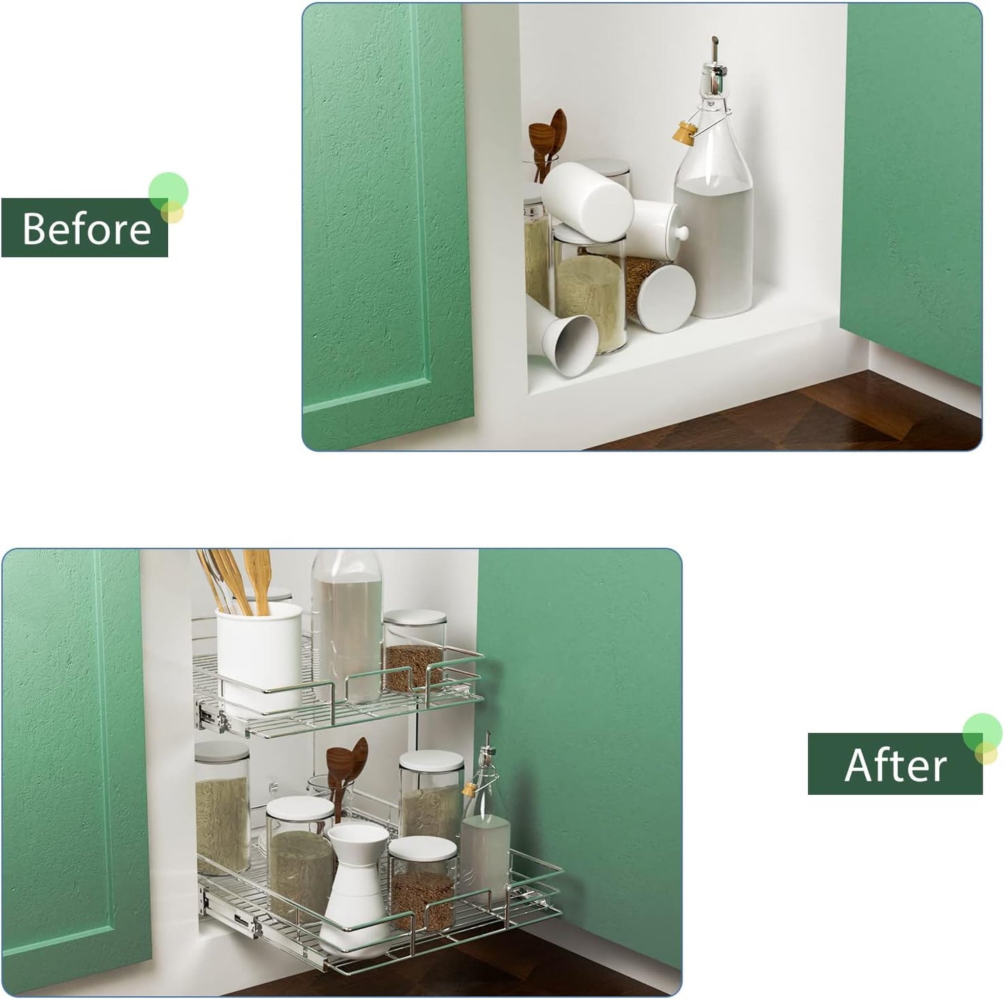 LOVMOR 2 Tier Individual Pull Out Cabinet Organizer 11" W x 18" D, Slide Out Kitchen Cabinet Storage Sliding Shelves