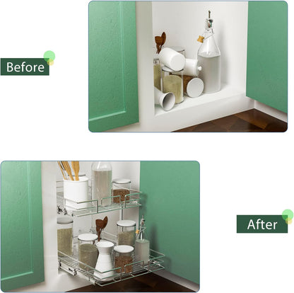 LOVMOR 2 Tier Individual Pull Out Cabinet Organizer 11" W x 18" D, Slide Out Kitchen Cabinet Storage Sliding Shelves