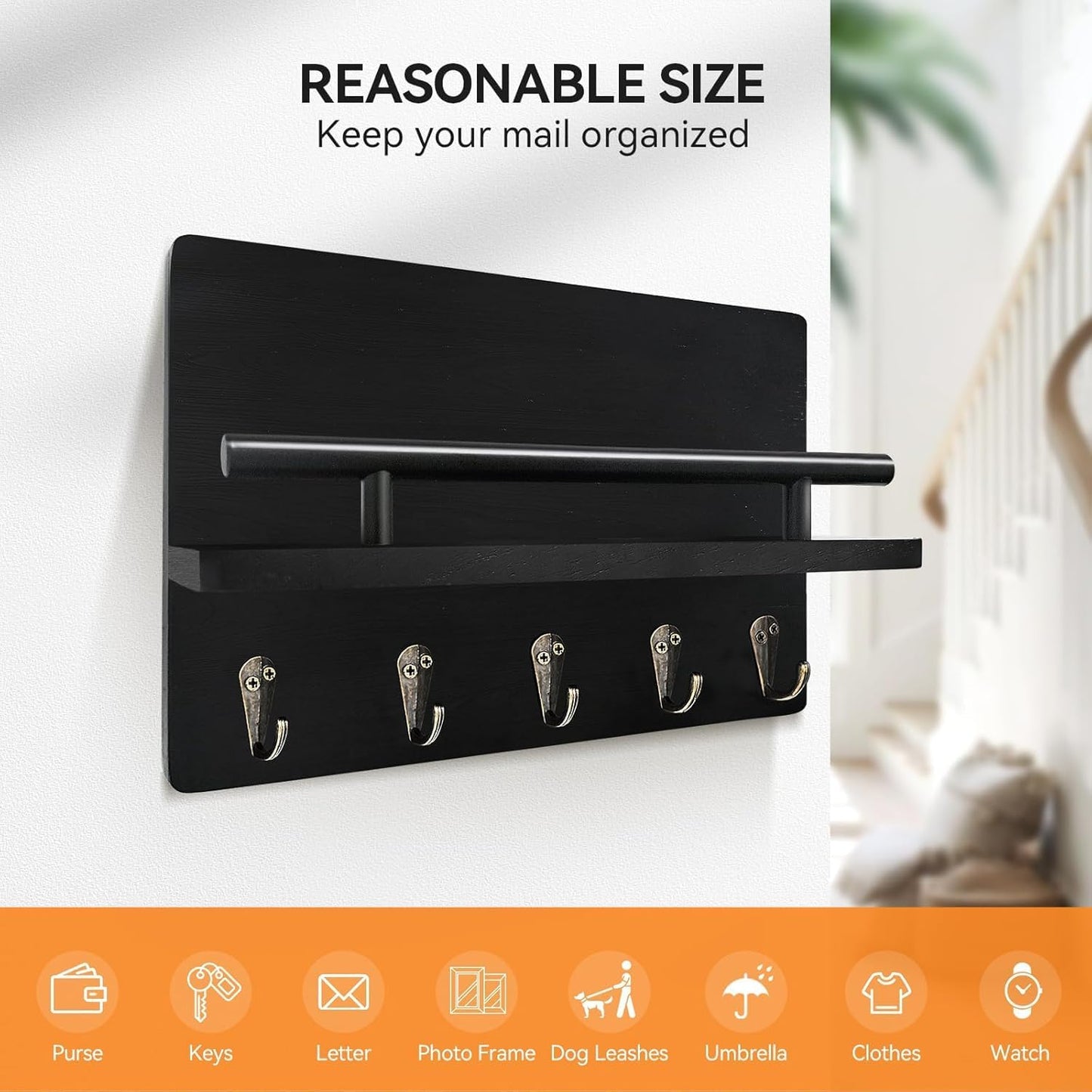 Key Holder Wall Mount, 10 inch Decorative Key and Mail Holder for Wall, with Mail Organizer & 4 Key Hooks, Rustic Wooden Key Rack for Hanging Dog Leash Sunglasses, Entryway Key Hanger, Black