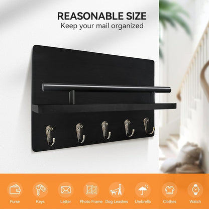Key Holder Wall Mount, 10 inch Decorative Key and Mail Holder for Wall, with Mail Organizer & 4 Key Hooks, Rustic Wooden Key Rack for Hanging Dog Leash Sunglasses, Entryway Key Hanger, Black