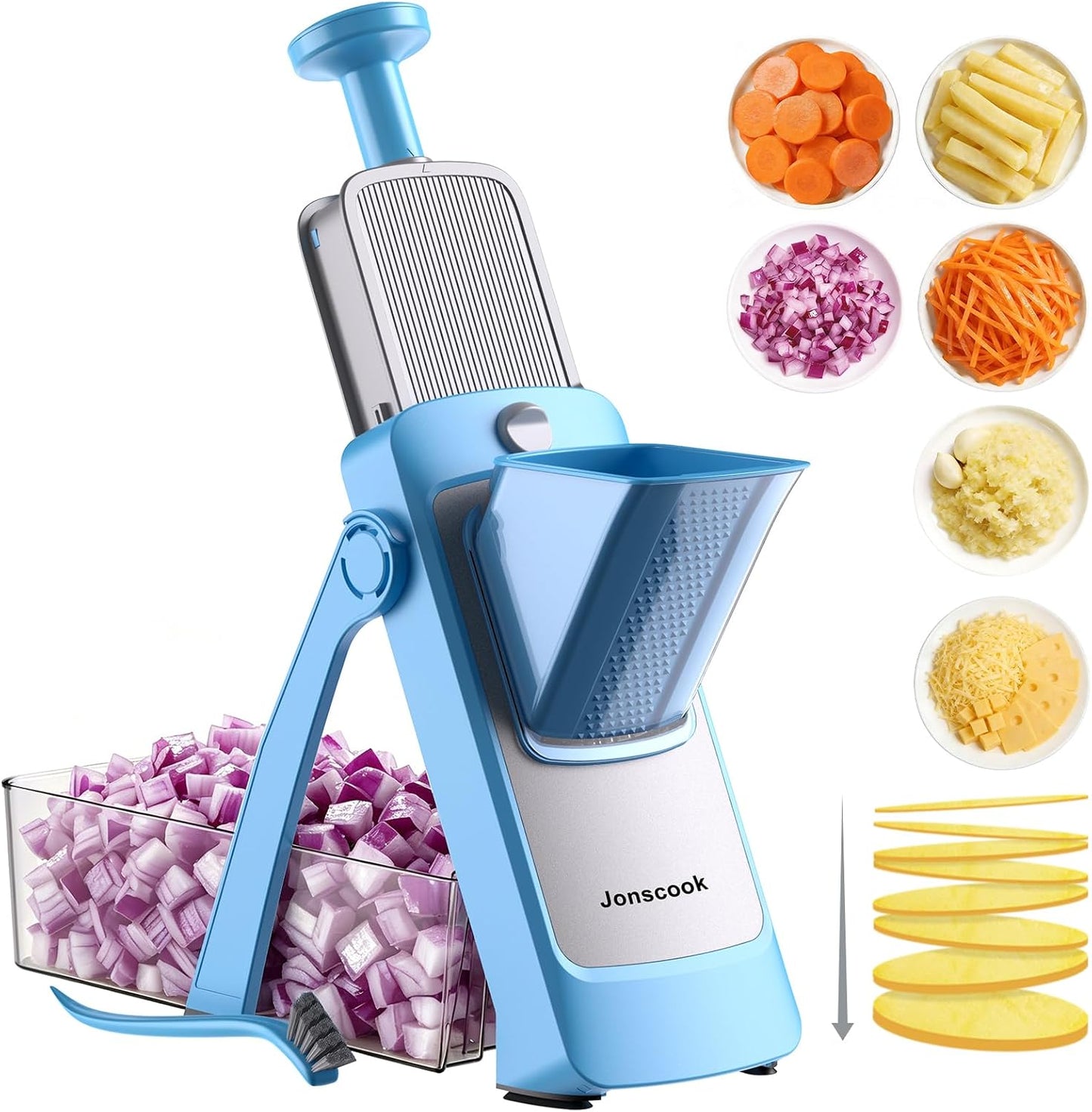Jonscook All-in-1 Safe Mandoline Slicer for Kitchen, Vegetable Slicer with Container, Adjustable Veggie Mandoline, French Fry Cutter, Potato/Tomato/Onion Slicer, Grater/Cleaning Brush (Black Knight)