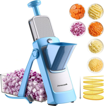 Jonscook All-in-1 Safe Mandoline Slicer for Kitchen, Vegetable Slicer with Container, Adjustable Veggie Mandoline, French Fry Cutter, Potato/Tomato/Onion Slicer, Grater/Cleaning Brush (Black Knight)