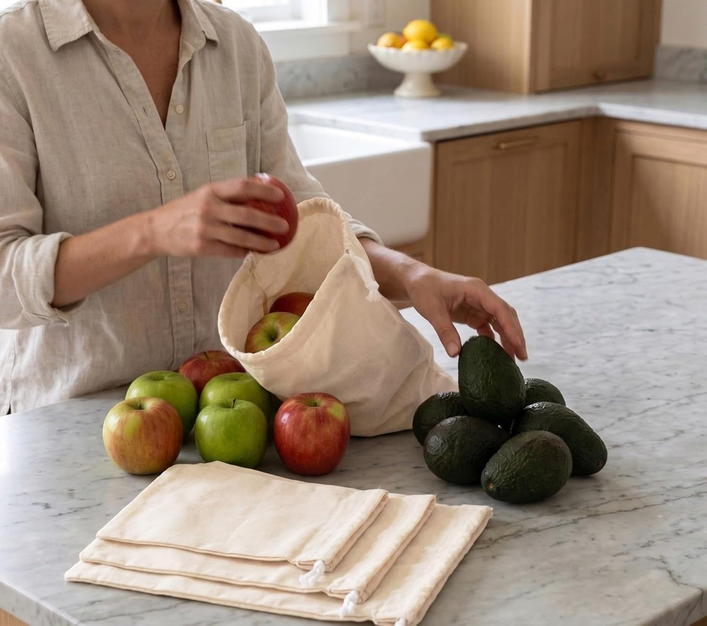 PurpleEssences Reusable Drawstring Bags, Set of 6, Natural | Drawstring Bags for Vegetables, Fruits, Bread, Grains, Washable Cloth Bags for Shopping and Refrigerator Use - Natural
