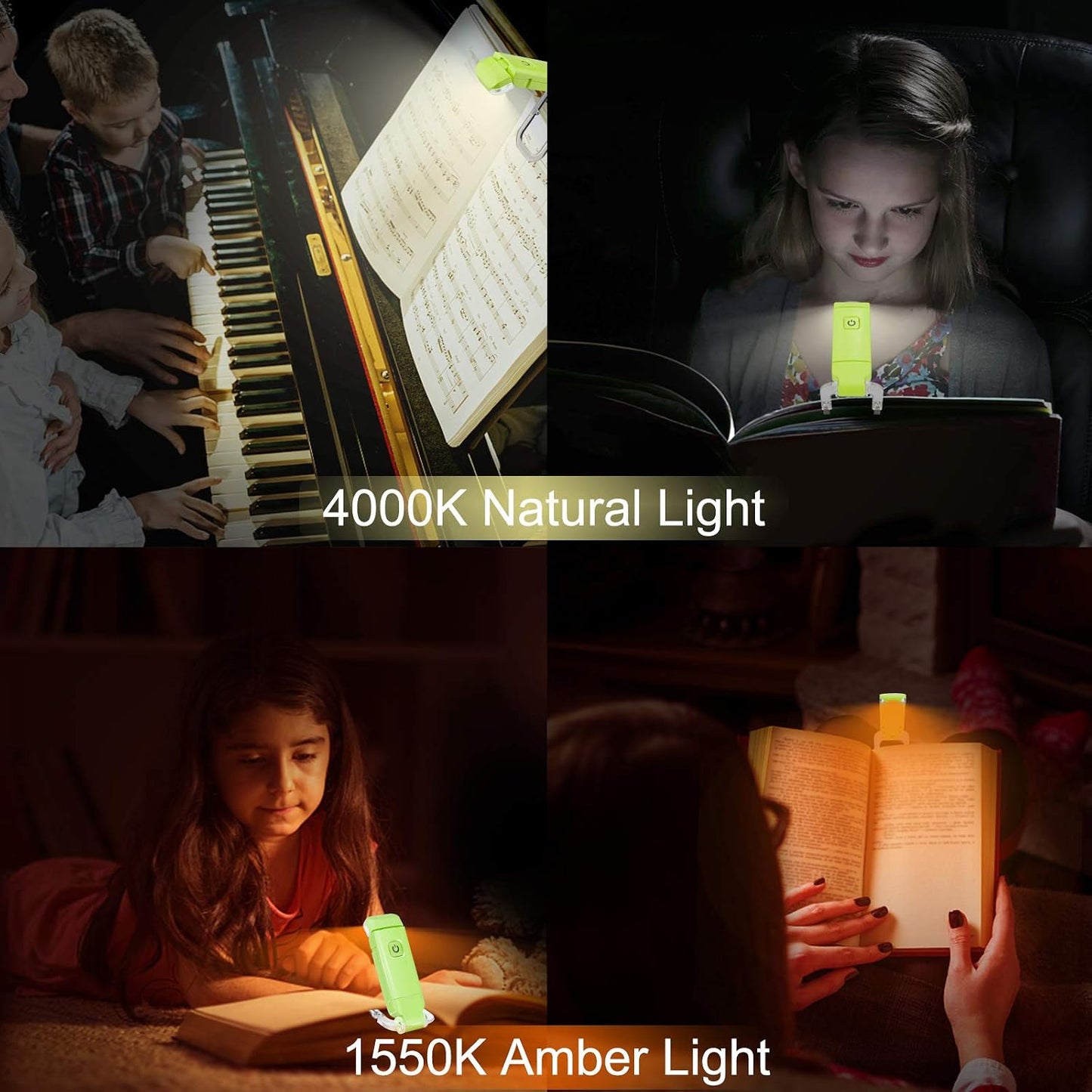 LUXSWAY USB Rechargeable Book Light for Reading,Small Book Reading Light in Bed,Clip On Bookmark Kids Light for Bed,Brightness Adjustable for Eye Care,2 4000K and 2 1550K LEDs for Bookworms