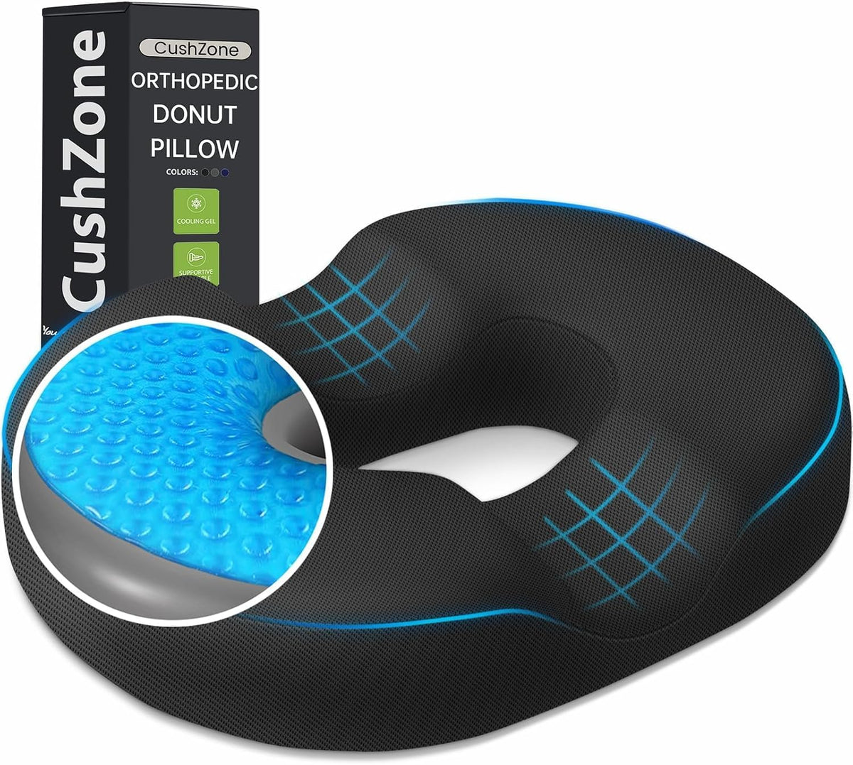 Donut Pillow Seat Cushion, Cooling Gel Memory Foam Chair Cushion, Black