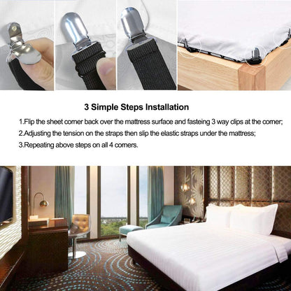 Bed Sheet Holders Straps Fasteners - 4 Pcs 3 Ways Sheet Fasteners Fitted Sheet Corner Grippers Holder Elastic Adjustable Sheet Clip Hooks Suspenders Straps(Black Triangle)