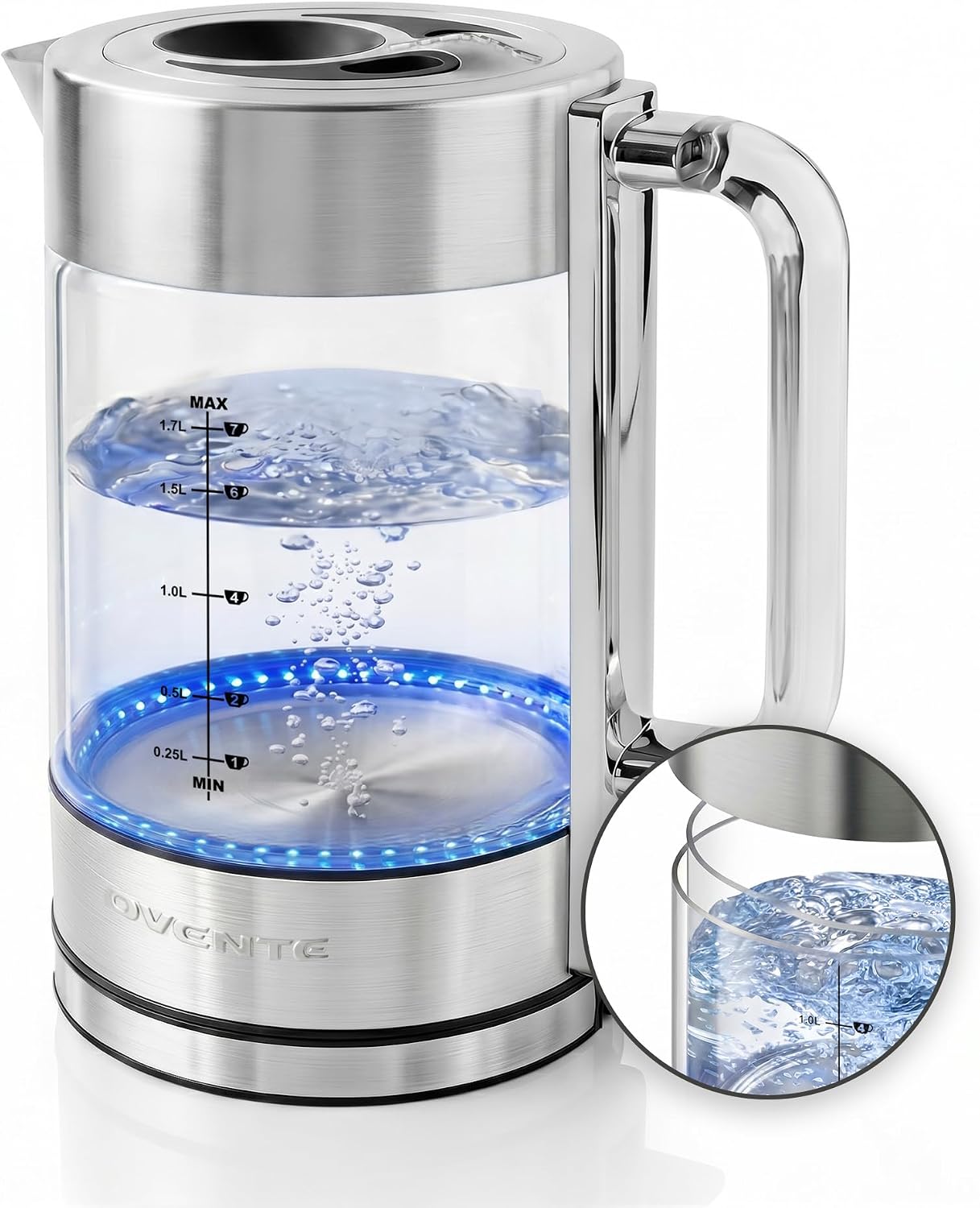 OVENTE 1.7L Double Wall Glass Electric Kettle Water Boiler, Silver KG912S | 1500W Fast Boiling, Easy Fill Lid, Borosilicate Glass, Cool-Touch Design, Blue LED, Auto Shut-Off, Boil-Dry Protection