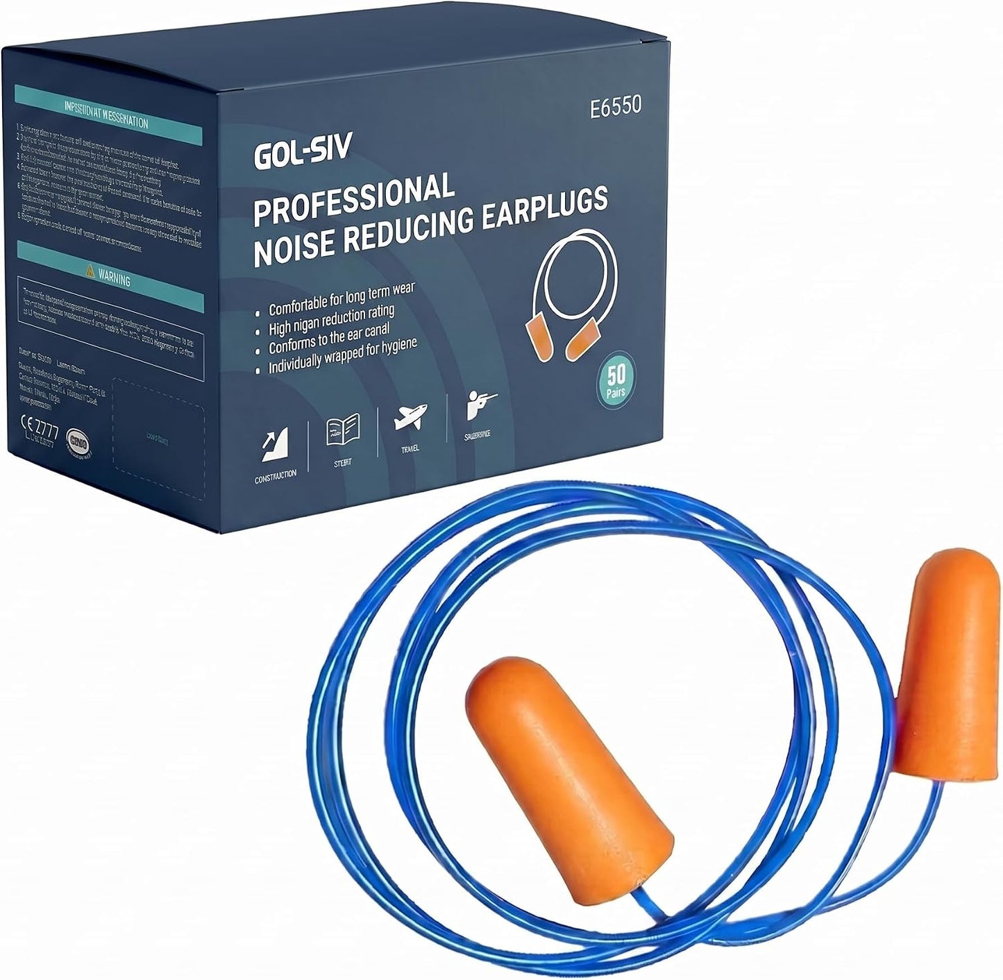 Silicone Corded Ear Plugs, 100 Pairs, SNR 32dB, Orange | Reusable noise reduction earplugs with string. Individually wrapped. For work, construction sites & industrial use.