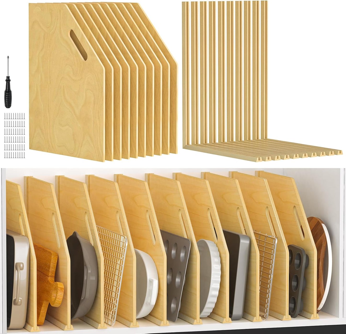 6 Pack Wood Tray Dividers Organizer For Kitchen Cabinet | Adjustable Vertical Cookie Sheet Organizer, Cabinet Dividers Organizer For Pots, Cutting Board, Pans, Lids, Baking Sheets