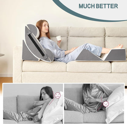 4PCS Bed Wedge Pillow Set for After Surgery, Orthopedic Wedge Pillows for Sleeping, Back, Neck and Leg Pain Relief, Adjustable Memory Foam Support Pillows for Acid Reflux, GERD & Snoring, Grey