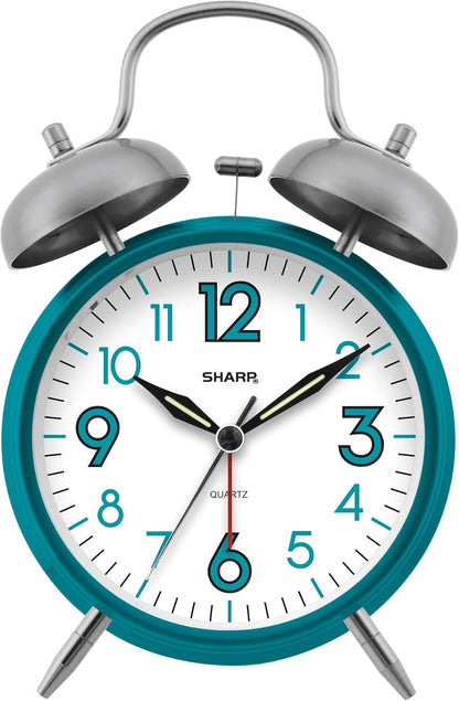 Sharp 4-Inch Twin Bell Alarm Clock for Heavy Sleepers (Matte Navy) | Extra-loud metal bell alarm, quiet quartz movement, press-button backlight, rustic bronze accents, battery operated
