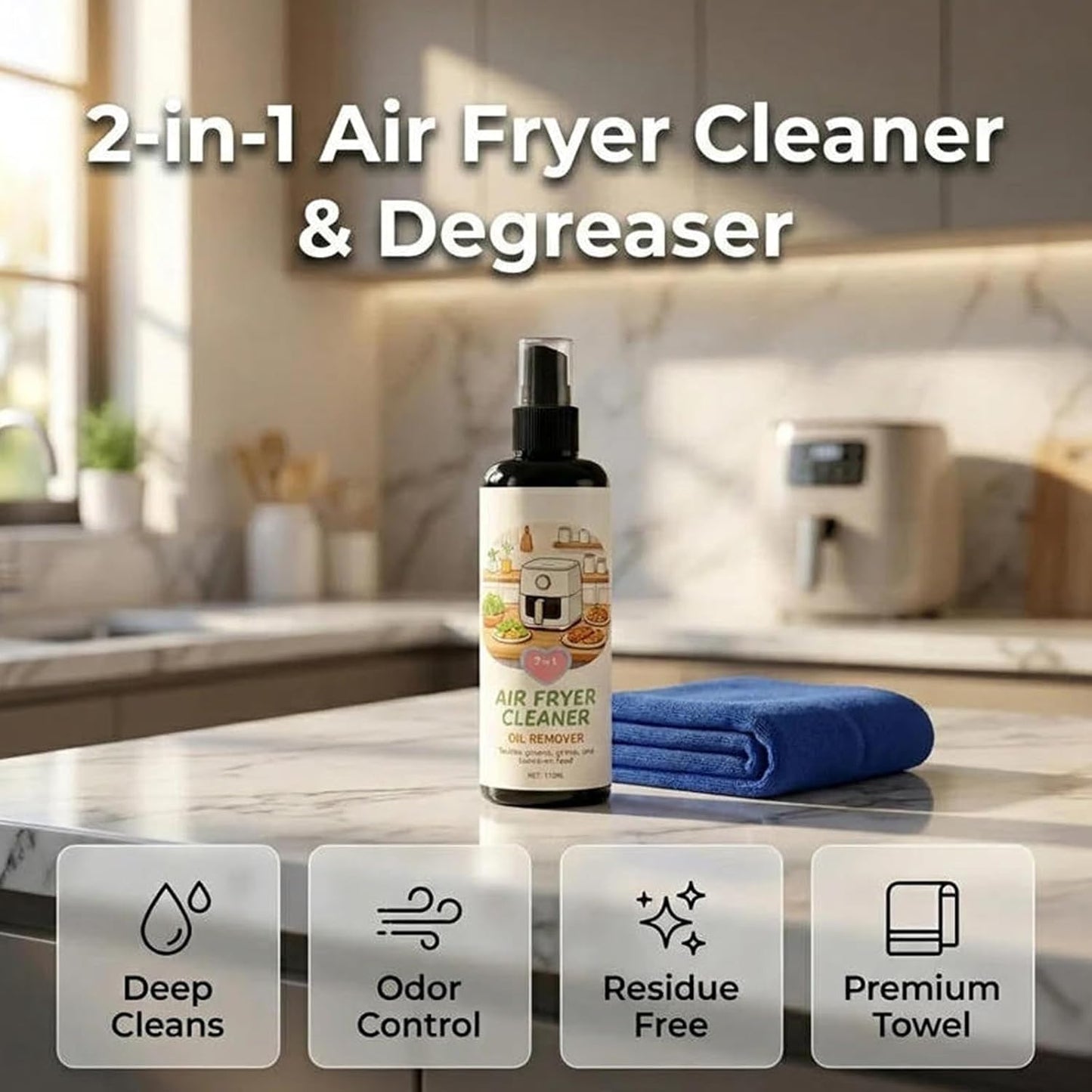 2 in 1 Air Fryer Cleaner & Degreaser Spray, Instantly Dissolves Baked-On Grease, Safe Non-Stick Coating No-Scratch Formula For Baskets, Racks & Trays (2)