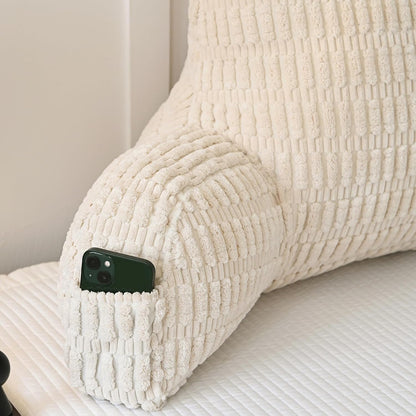 Faux Fur Reading Pillow for Sitting in Bed, Large Backrest Bed Pillow with Arms, Back Support Pillow for Lounging Bedrest, Beige