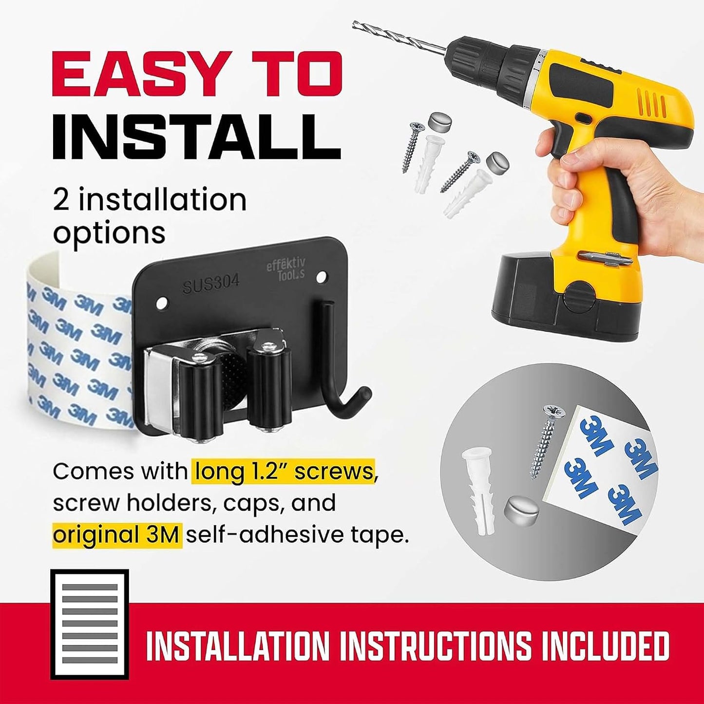 Wall Mount Hanger for Brooms & Mops - Adhesive Stainless Steel Mops & Broom Holder, 4 Clamps, 3 Hooks, & 5 Towel Hanger Clips Including Mounting Hardware for Utility Room Organization