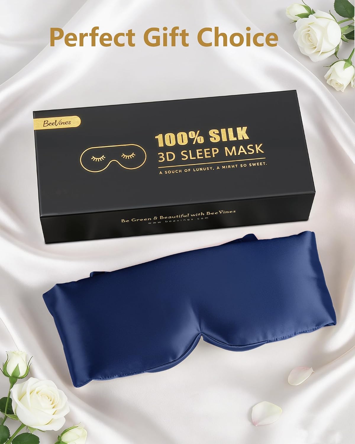 BeeVines Luxury Pure 100% Silk Sleep Mask for Women, 3D Contoured Eye Mask