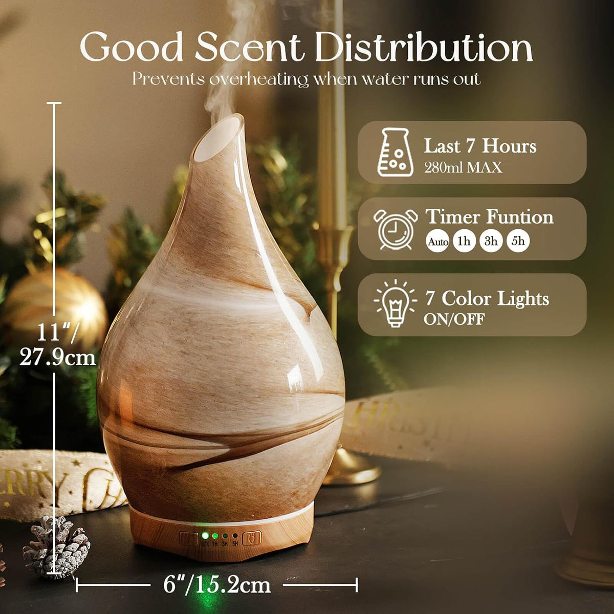 Porseme Essential Oil Diffuser 280ml Handmade Glass Diffuser 7H Runtime | Elegant Handmade Glass Aroma Diffuser with 7-color LEDs, Quiet Aromatherapy and Safe Auto Shut-off, Perfect for Gifts