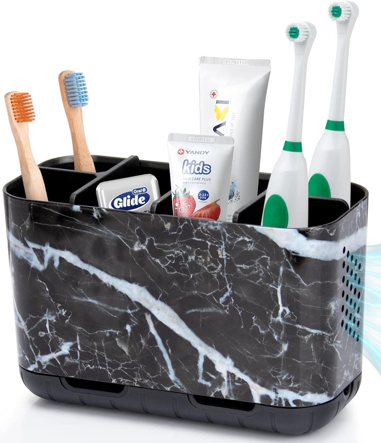 Boperzi Toothbrush and Toothpaste Holder Drainage for Bathroom Countertop with Adjustable Dividers, Large Toothpaste Caddy Organizer Storage Rustic Decor Set Anti-Slip for Shower,Family,Kids Gray
