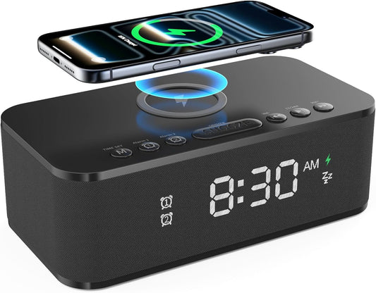 Alarm Clocks for Bedrooms, Wireless Charger, Bluetooth Speaker, White Noise Machine, Digital Clock with Dual Alarm, Dimmable Display, USB Charging Port, Black