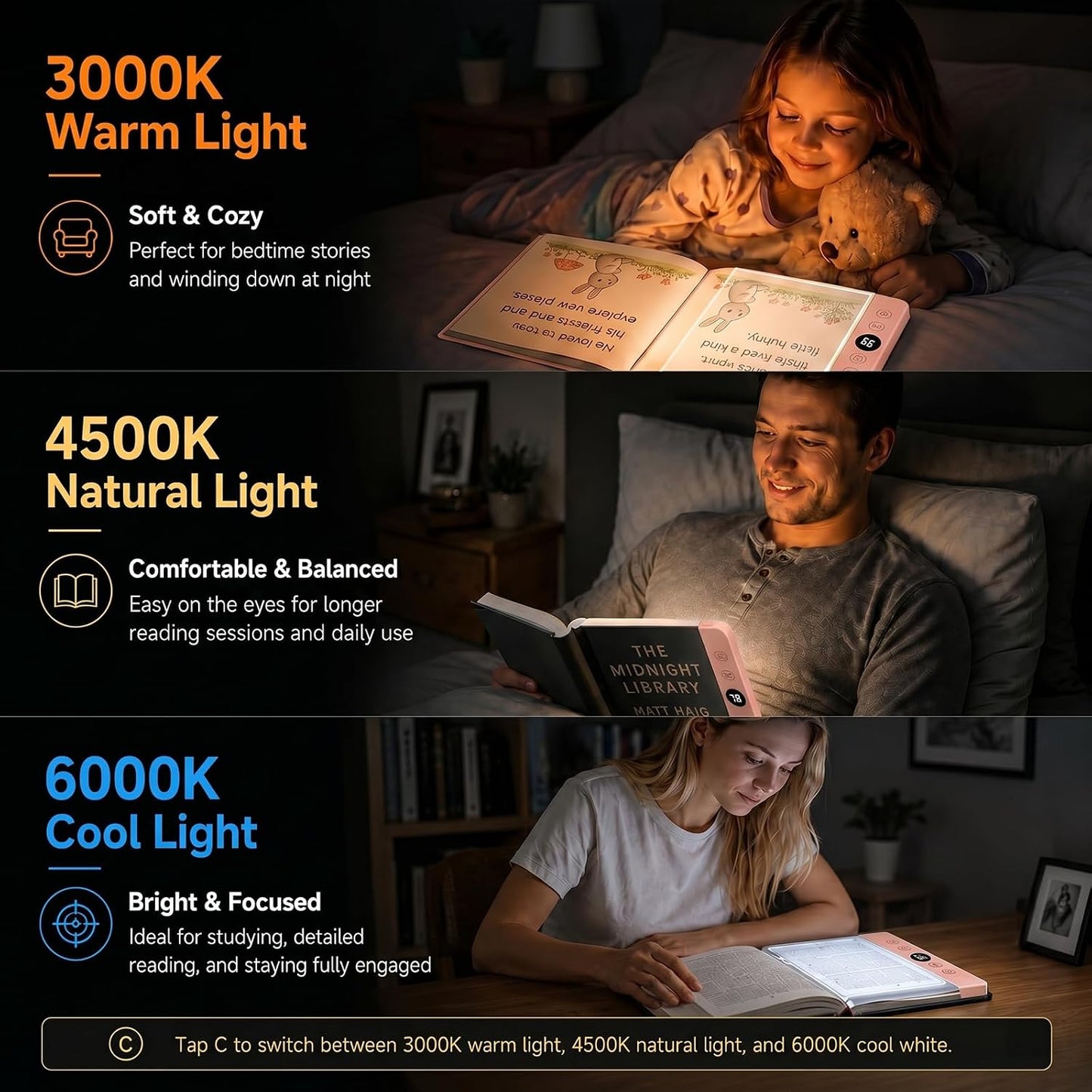 30 LED Book Light for Reading at Night in Bed, Rechargeable Book Page Light, 3 Color Temperatures, Stepless Dimming, 1-99 Min Timer, 2-in-1 Reading Light Light & Night Light, Gift for Readers White