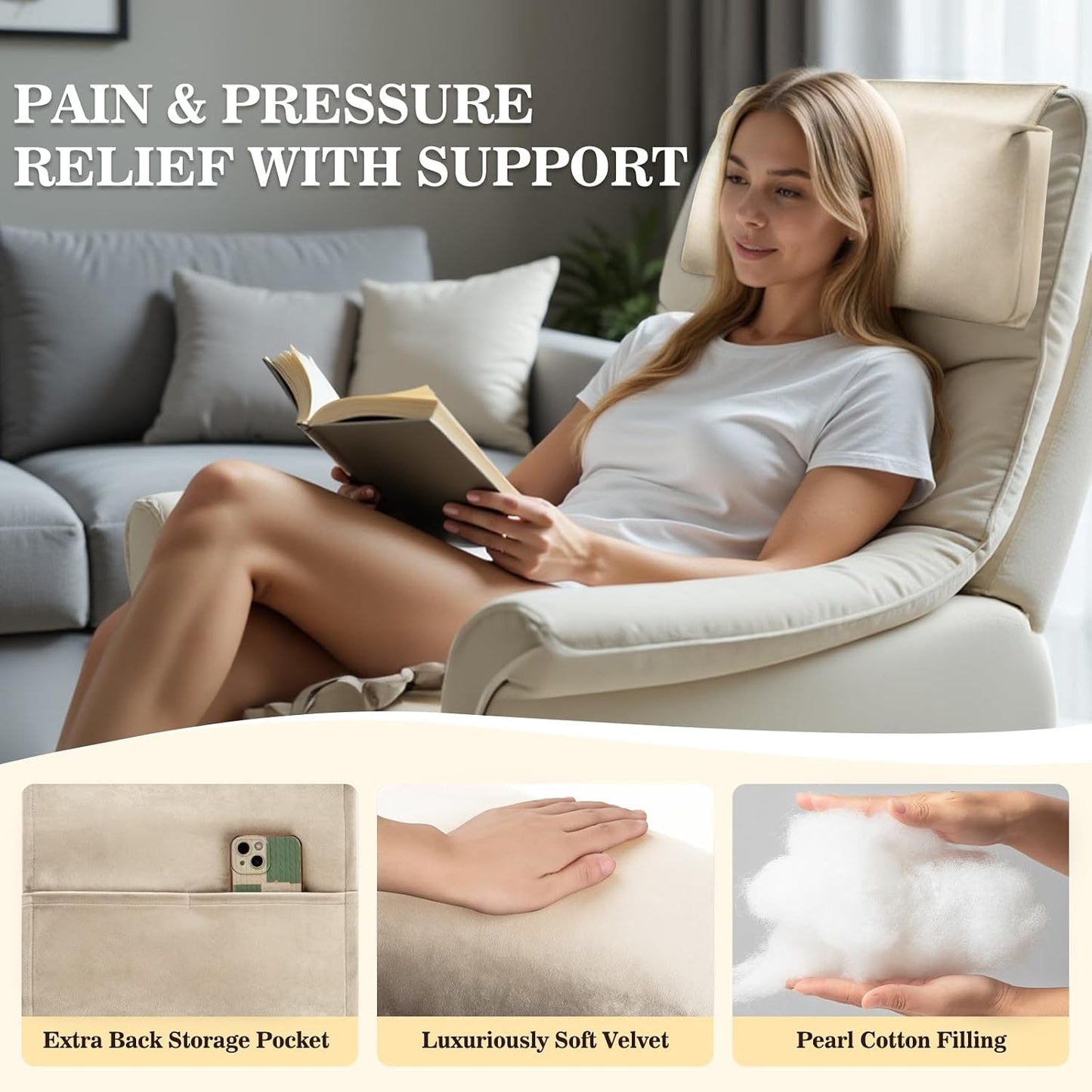 Recliner Headrest Pillow, Adjustable Comfort Neck & Head Support Pillow | Soft Velvet, Weighted Non-Slip Flap, Adjustable Filling, Washable Cover, for Recliners, Sofas, Office Chairs